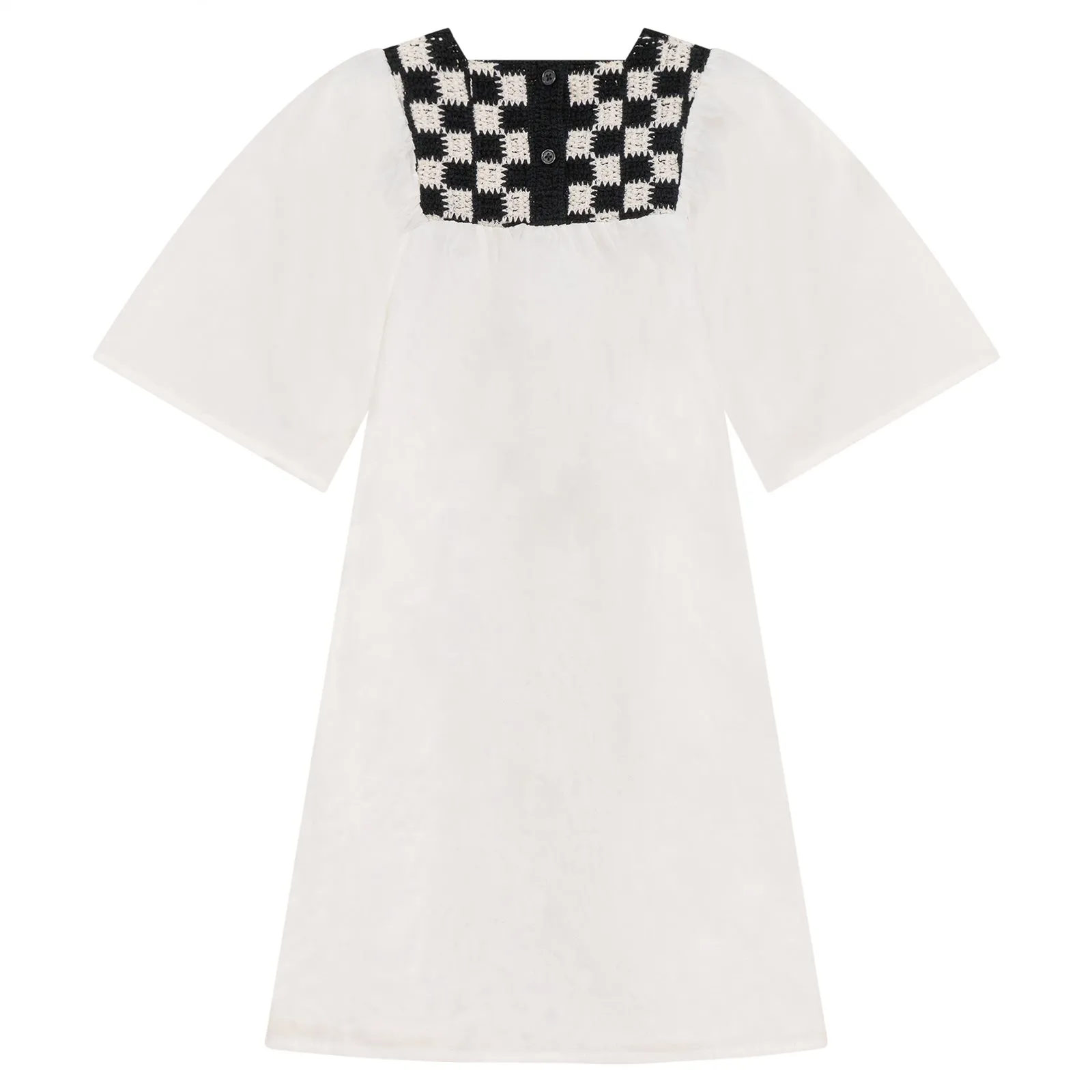 1300-White/Black-SQUARE CROCHET YOKE DRESS