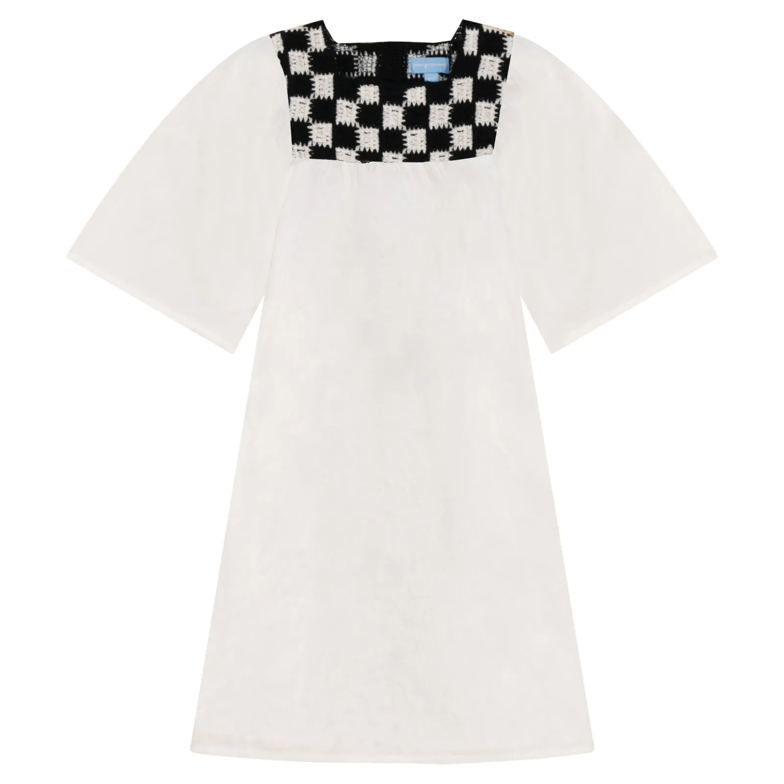 1300-White/Black-SQUARE CROCHET YOKE DRESS