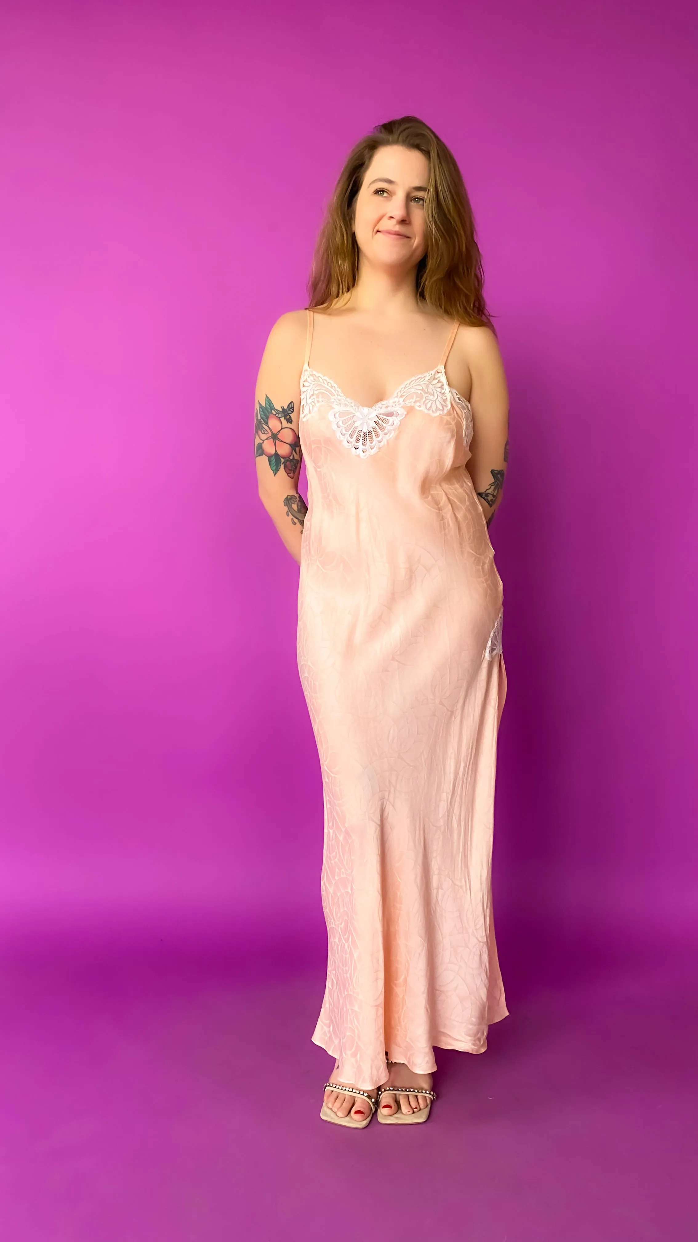 1970s Peach Lace Bias Slip Dress, sz. S