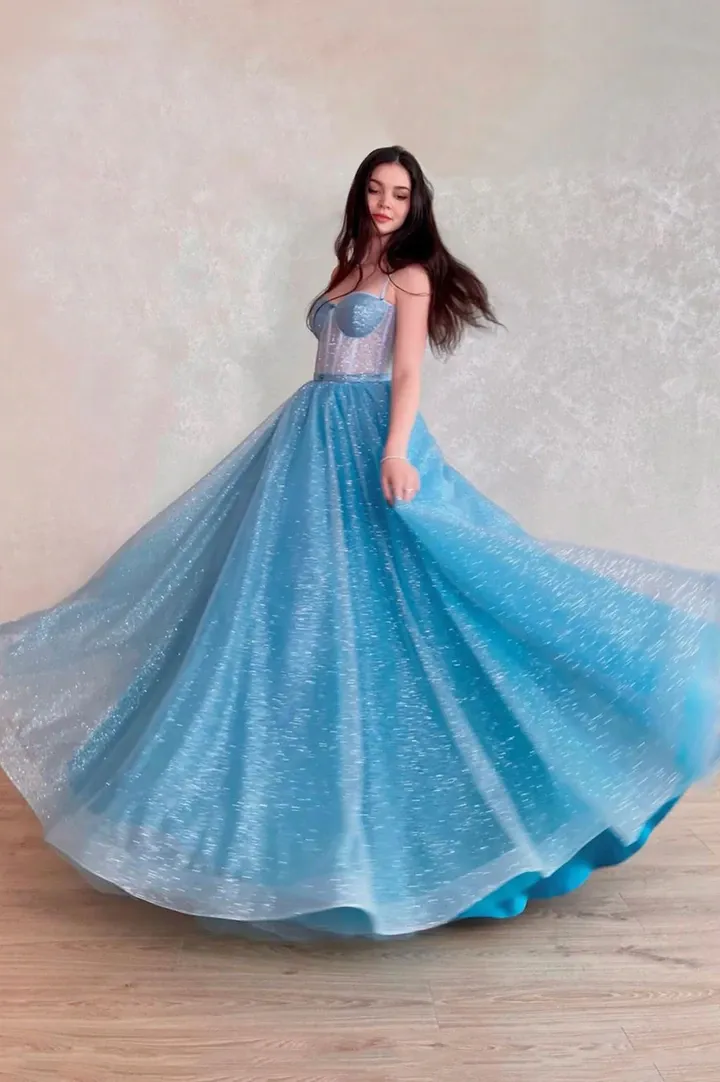 A Line Blue Tulle Long Prom Dresses, Sweetheart Neck Blue Long Formal Evening Dresses