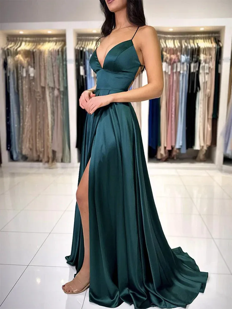 A Line Dark Green V Neck Backless Satin Long Prom Dresses, Dark Green Long Formal Evening Dresses