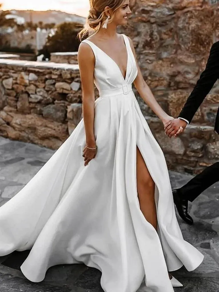 A Line Deep V Neck Ivory Satin Wedding Dresses, V Neck Ivory Satin Prom Evening Dresses with Leg Slit