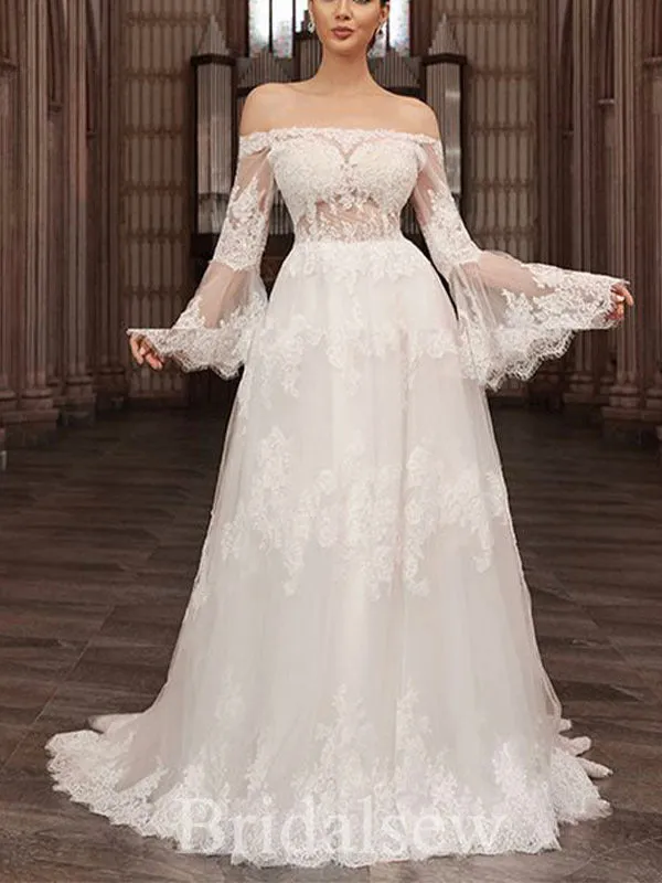 A-line Dream Long Sleeves Off the Shoulder Garden Beach Vintage Long Wedding Dresses WD305