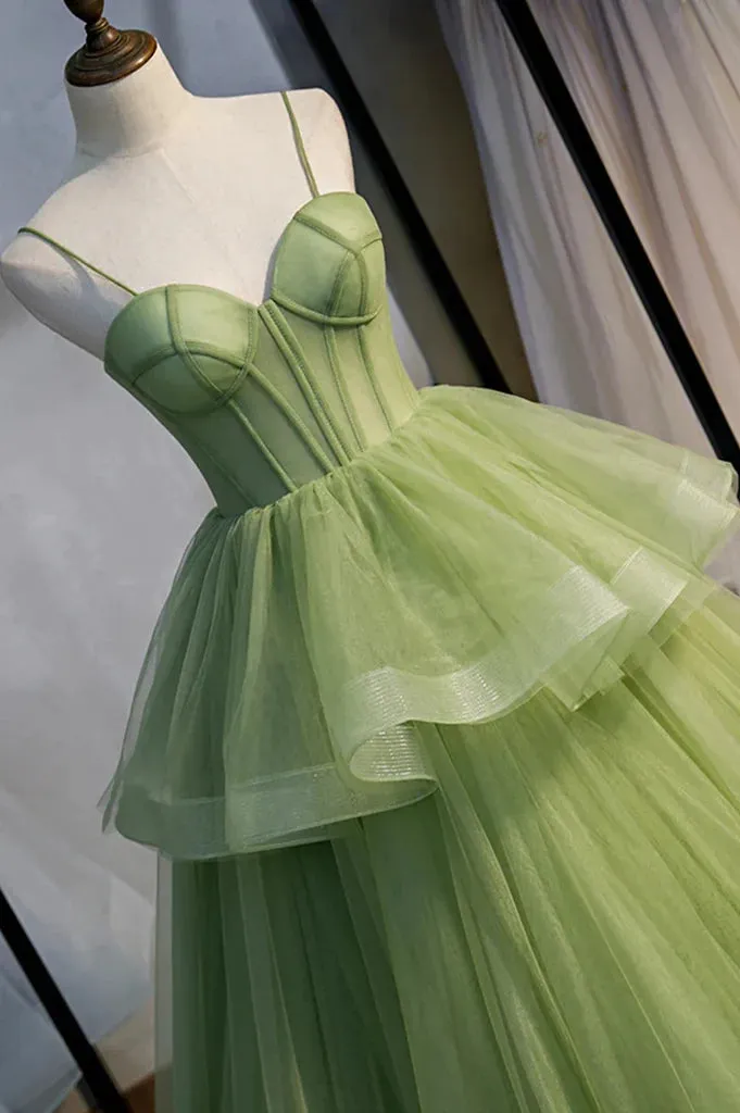 A Line Green Tulle Long Prom Dresses With Train, Green Tulle Long Formal Evening Dresses