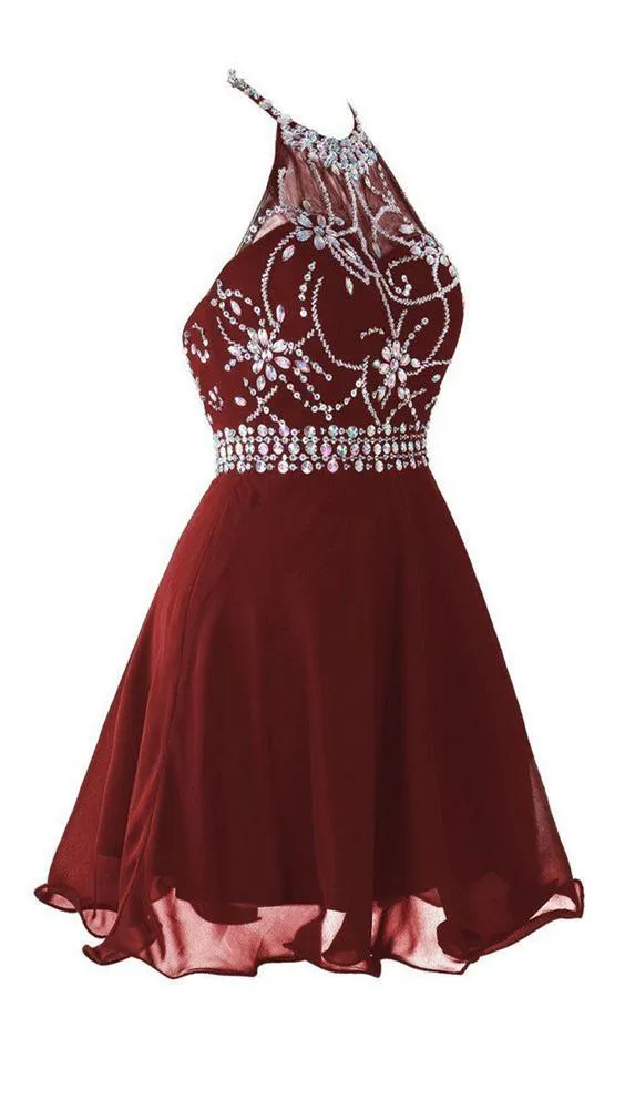 A Line Halter Neck Short Backless Burgundy Prom Dress, Backless Burgundy Homecoming Dress, Formal Dress, Graduation Dress