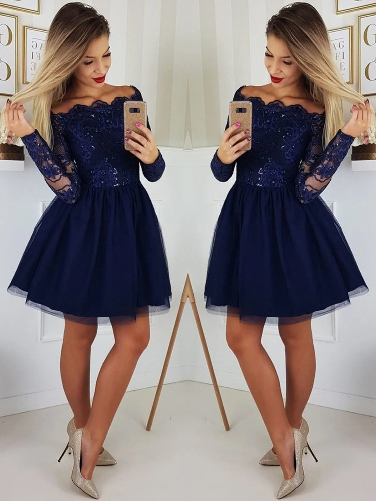 A Line Long Sleeves Lace Navy Blue Short Prom Dresses, Navy Blue Lace Homecoming Dresses