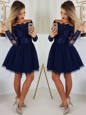 A Line Long Sleeves Lace Navy Blue Short Prom Dresses, Navy Blue Lace Homecoming Dresses