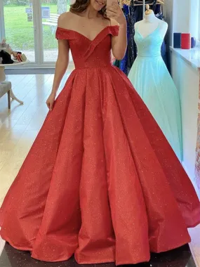 A Line Off Shoulder Red Satin Long Prom Dresses, Off The Shoulder Red Long Formal Evening Dresses