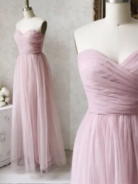 A Line Pink Long Tulle Prom Dresses, Strapless Pink Tulle Formal Evening Dresses