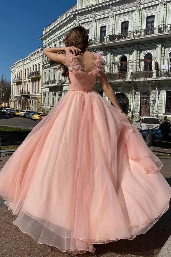 A Line Pink Tulle Long Prom Dresses With Leg Slit, Pink Tulle Long Formal Evening Dresses