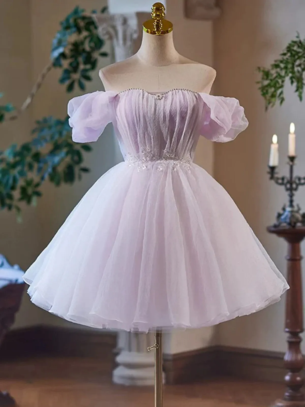 A Line Purple Tulle Short Prom Dresses, A Line Purple Tulle Short Formal Evening Homecoming Dresses