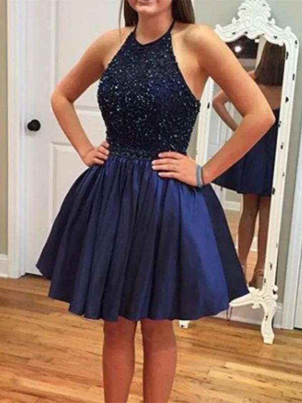 A Line Round Neck Short Navy Blue Prom Dress, Short Navy Blue Graduation Dresses, Homecoming Dresses