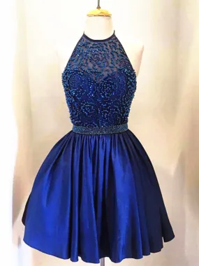 A Line Round Neck Short Navy Blue Prom Dress, Short Navy Blue Graduation Dresses, Homecoming Dresses