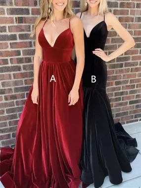 A Line Shining Velvet Deep V Neck Spaghetti Straps  Long Prom Dresses,  Black Mermaid Long Evening Dresses, Burgundy Long Formal Evening Dresses