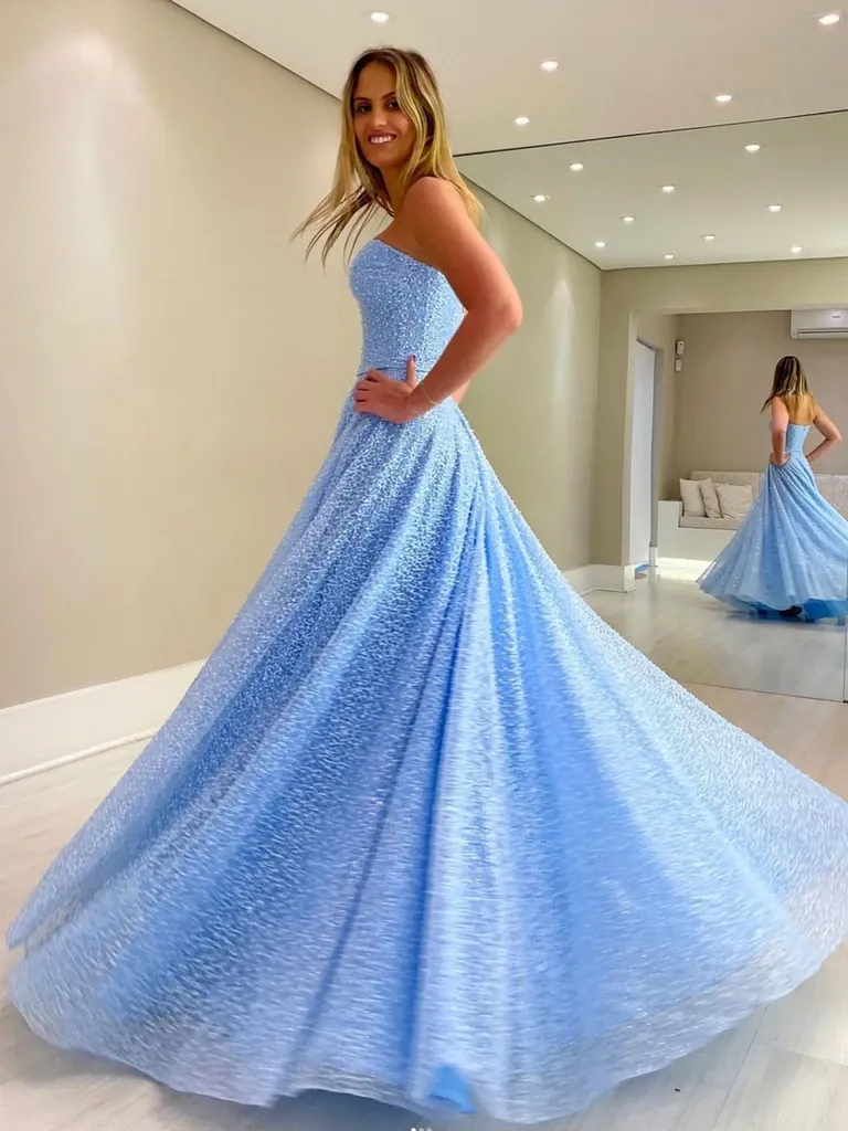 A Line Shiny Blue Tulle Long Prom Dresses, A Line Shiny Blue Tulle Long Formal Evening Dresses