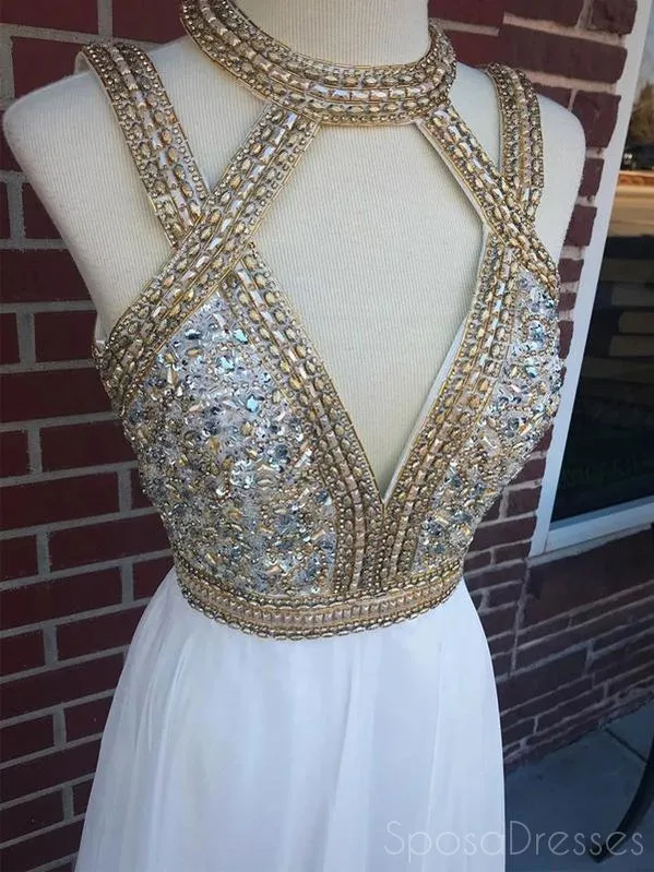 A-line Sleeveless Halter Rhinestone Prom Dresses, Sweet 16 Prom Dresses, 12476