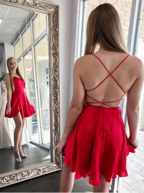 A Line Spaghetti Straps Red Backless Short Prom Dresses, Red Criss Cross Back Short Homecoming Graduation Formal Dresses