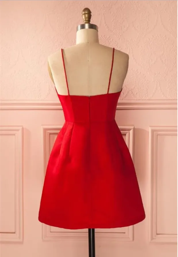 A Line Spaghetti Straps Red Backless Short Prom Dresses,  Red Satin Short Homecoming Graduation Formal Dresses