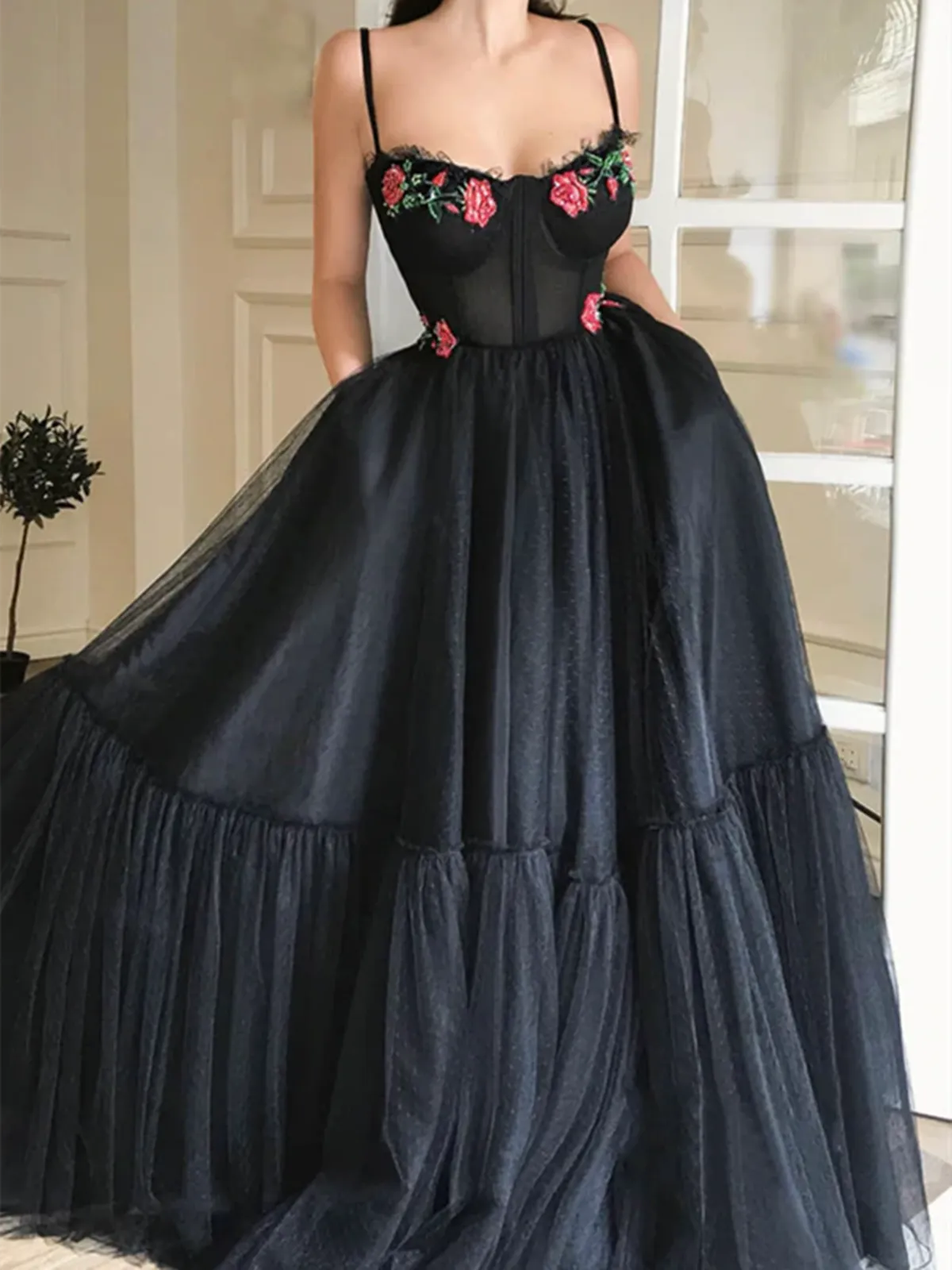 A Line Sweetheart Neck  Black Tulle Lace Long Prom dresses with Pocket, Black Tulle Long Formal Evening Dresses