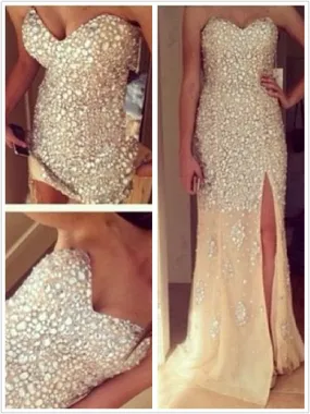 A Line Sweetheart Neck Champagne Long Prom Dresses, Long Formal Dresses