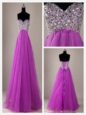 A Line Sweetheart Neck Purple Floor Length Long Prom Dresses, Purple Formal Dresses