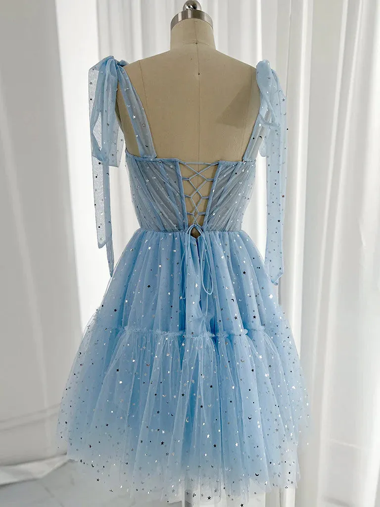 A Line Sweetheart Neck Tulle Blue Short Prom Dresses, Short Blue Homecoming Dresses