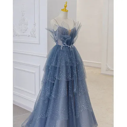 A line Tulle Dusty Blue Long Prom Dresses SH179