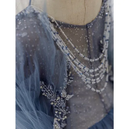 A line Tulle Dusty Blue Long Prom Dresses SH179