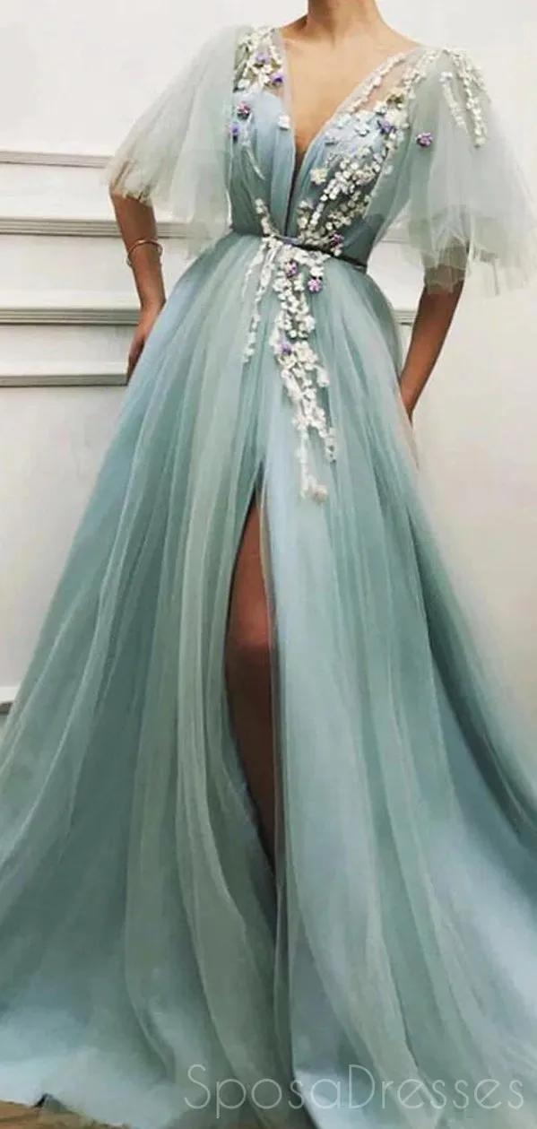 A-line Tulle Side Slit Long Prom Dresses, Sweet 16 Prom Dresses, 12419