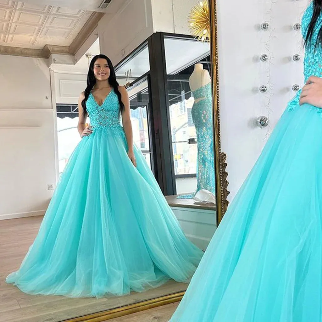 A Line V Neck Arctic Blue Lace Tulle Long Prom Dresses,  Blue Tulle Lace Formal Evening Dresses