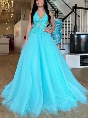 A Line V Neck Arctic Blue Lace Tulle Long Prom Dresses,  Blue Tulle Lace Formal Evening Dresses