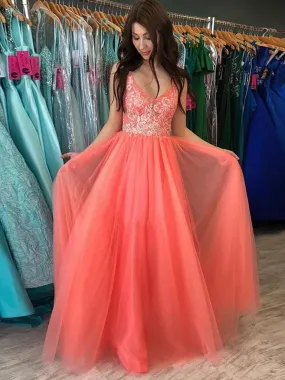 A Line V Neck Backless Coral Lace Long Prom Dresses, Open Back Coral Lace Long Formal Evening Dresses