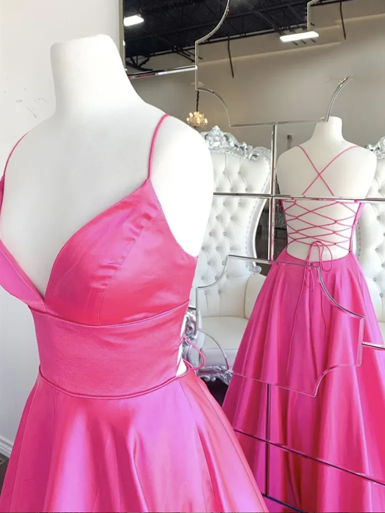 A Line V Neck Backless Hot Pink Long Prom Dresses, V Neck Hot Pink Long Formal Evening Graduation Dresses