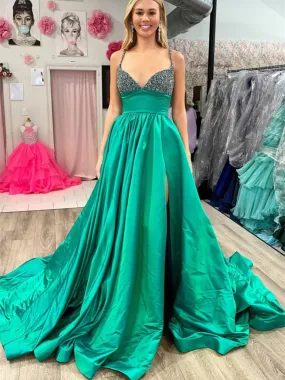 A Line V Neck Beaded Green Long Prom Dresses with High Slit, Green Long  Formal Graduation Evening Dresses