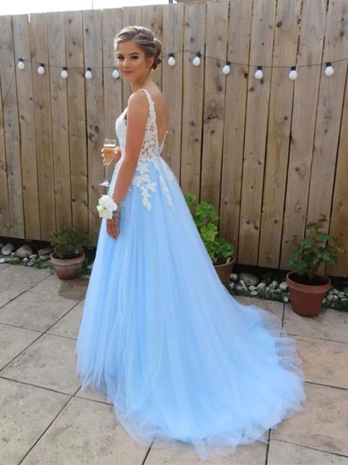 A Line V Neck Blue Lace Long Prom Dresses, Blue Lace Long Formal Evening Dresses