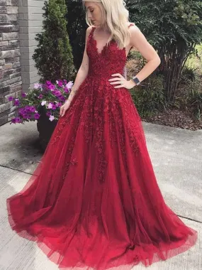 A Line V Neck Burgundy Lace Prom Dresses,  V Neck Burgundy Lace Formal Evening Dresses