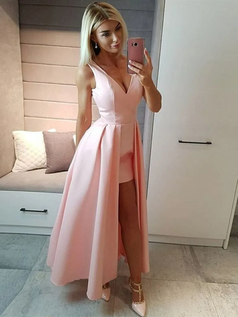 A Line V Neck High Low Black/Pink Satin Prom Dresses, High Low  Pink/Black Formal Evening Graduation Dresses