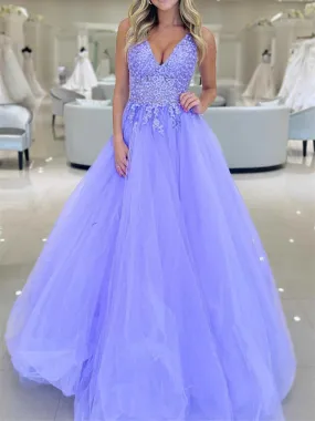 A Line V Neck Lilac Lace Long Prom Dresses, A Line V Neck Purple Lace Long Formal Evening Dresses