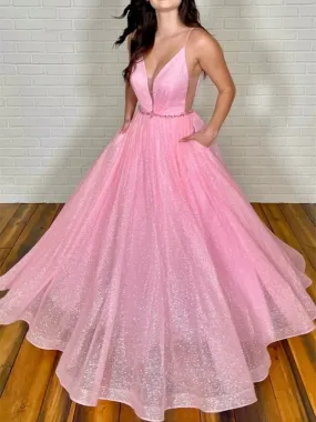 A Line V Neck Pink /Blue Long Prom Dresses, A Line V Neck Pink /Blue Long Formal Evening Dresses