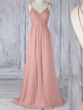 A Line V Neck Pink Chiffon Lace Backless Long Prom Dresses, V Neck Pink Chiffon Lace Backless Formal Evening Dresses