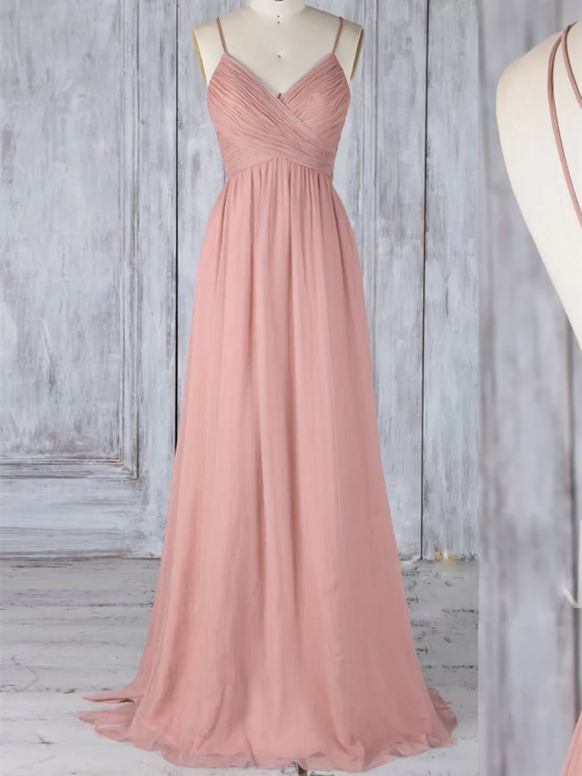 A Line V Neck Pink Chiffon Lace Backless Long Prom Dresses, V Neck Pink Chiffon Lace Backless Formal Evening Dresses