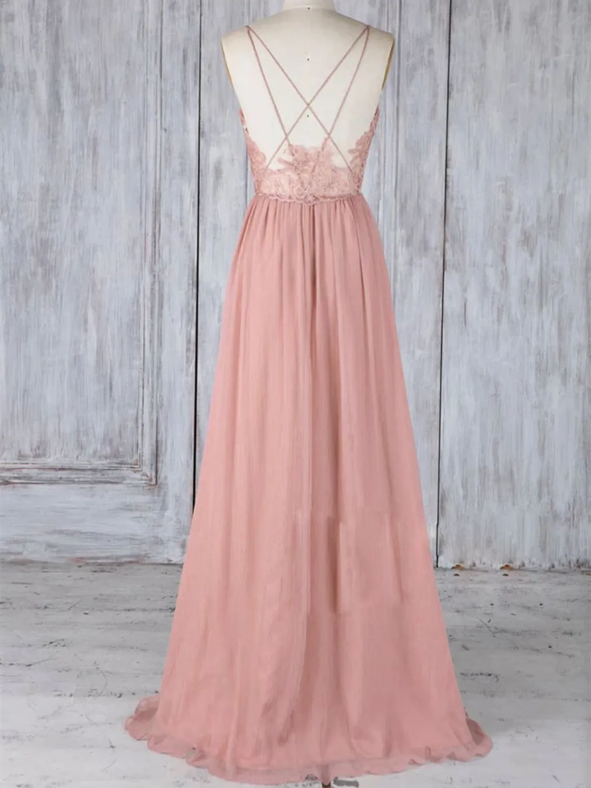 A Line V Neck Pink Chiffon Lace Backless Long Prom Dresses, V Neck Pink Chiffon Lace Backless Formal Evening Dresses