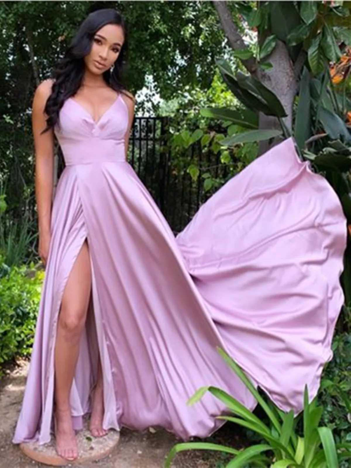 A Line V Neck Pink  Long Prom Dresses, V Neck Pink  Long Formal Evening Graduation Dresses