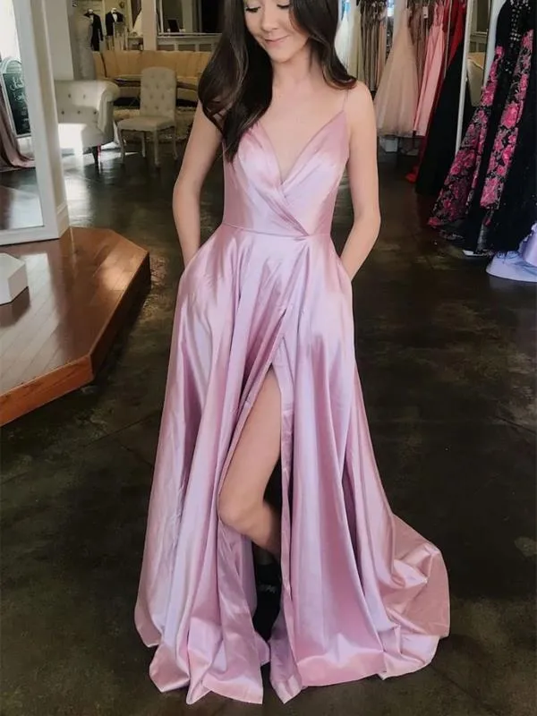 A Line V Neck Pink Satin Long Prom Dresses With Leg Slit, Pink Formal Dresses, V Neck Pink Evening Graduation Dresses