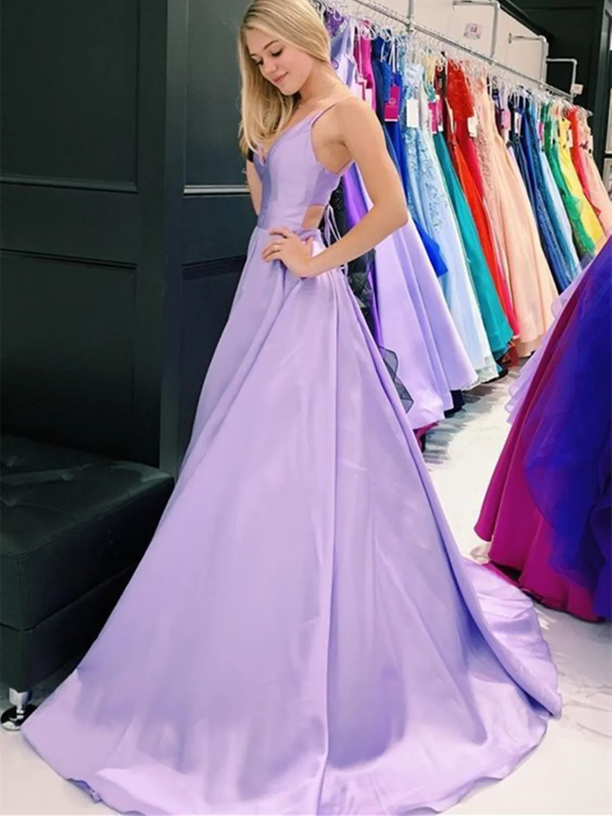 A Line V Neck Purple Satin Long Prom Dresses, V Neck Purple Satin Long Formal Evening Graduation Dresses