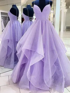 A Line V Neck Purple Tulle Long Prom Dresses, A Line V Neck Purple Backless Long Formal Evening Dresses