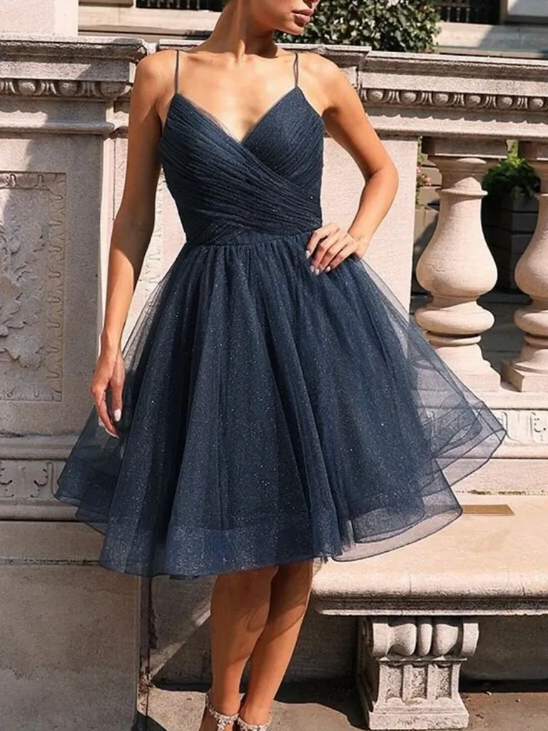 A Line V Neck Short Navy Blue Prom Dresses, Short Dark Navy Blue Formal Graduation Dresses