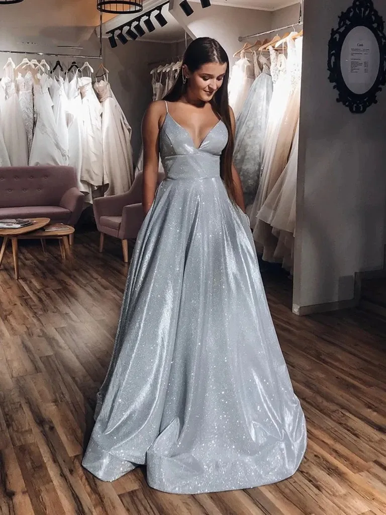 A Line V Neck Silver Gray Long Prom Dresses, Silver Gray Long Formal Evening Dresses