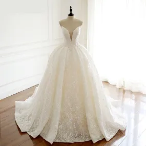 A-line V-neck Sleeveless Crystal Beaded Floor Length Wedding Dress