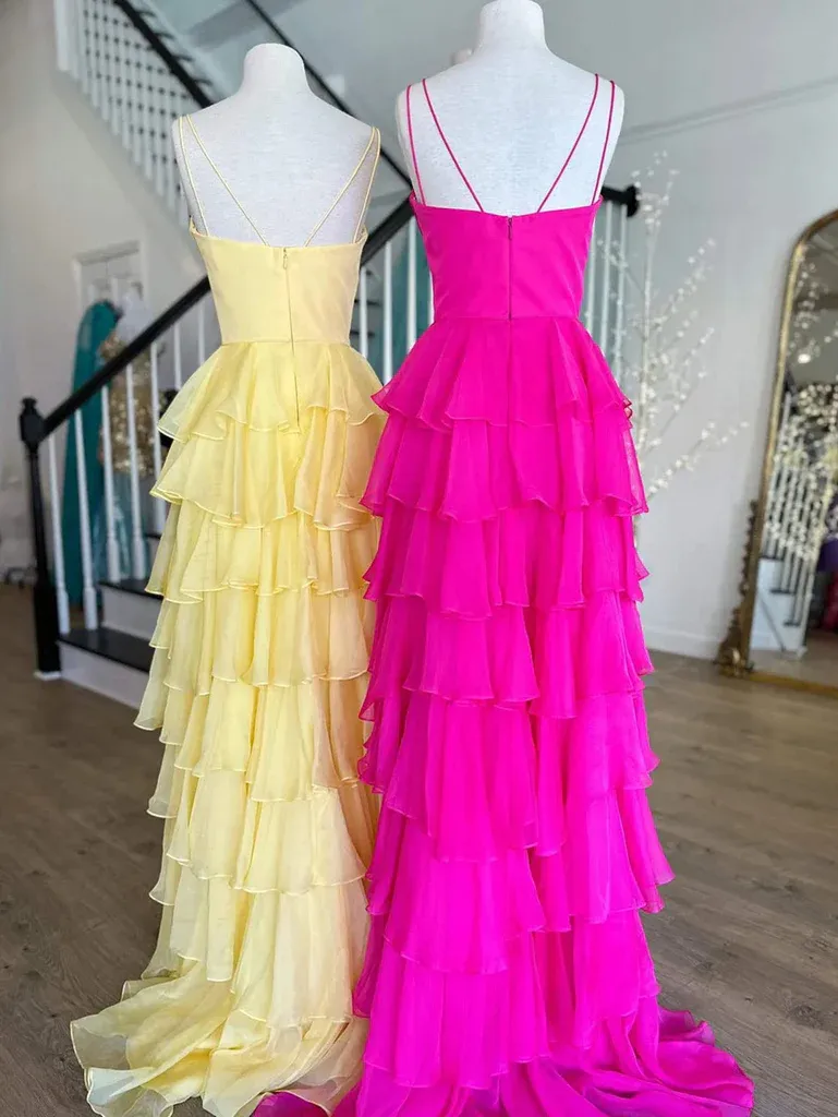 A Line V Neck Spaghetti Straps Pink Yellow Layered  Prom Dresses, Layered Long Formal Evening Dresses